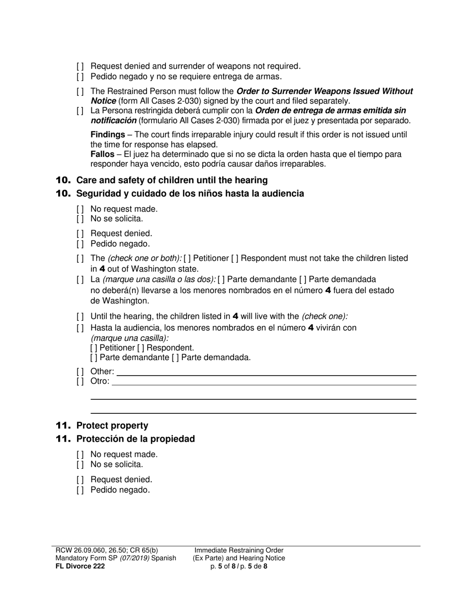 Form FL Divorce222 Immediate Restraining Order (Ex Parte) and Hearing Notice - Washington (English / Spanish), Page 5