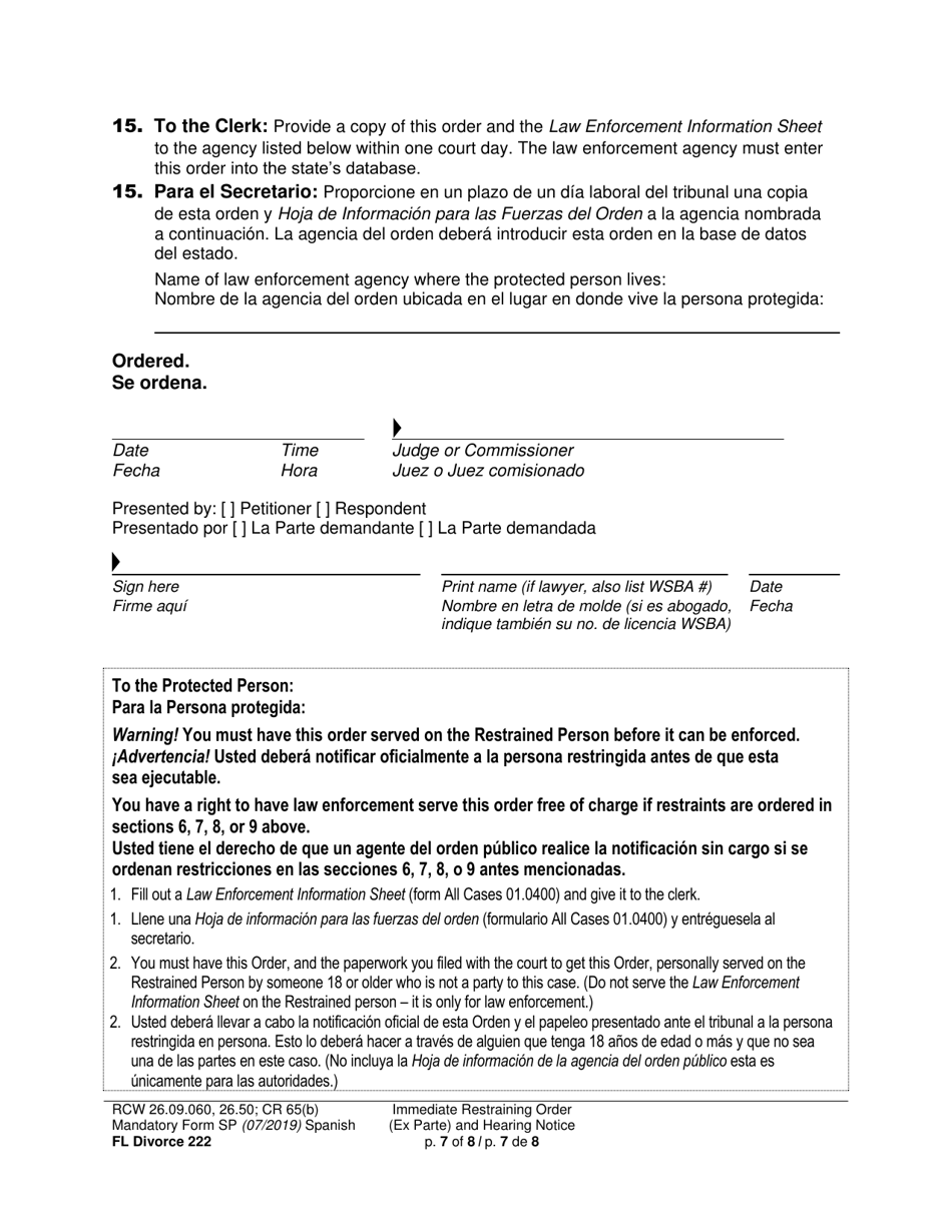 Form FL Divorce222 Immediate Restraining Order (Ex Parte) and Hearing Notice - Washington (English / Spanish), Page 7