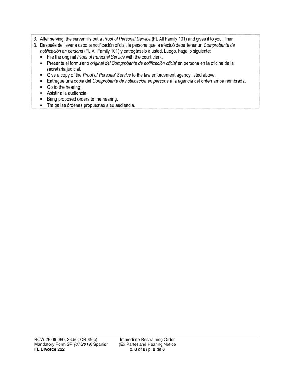 Form FL Divorce222 Immediate Restraining Order (Ex Parte) and Hearing Notice - Washington (English / Spanish), Page 8