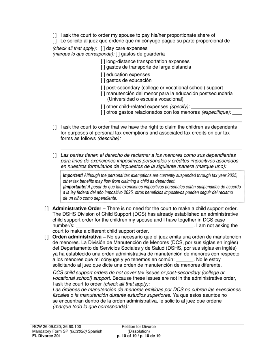 Form FL Divorce201 Petition for Divorce (Dissolution) - Washington (English / Spanish), Page 10