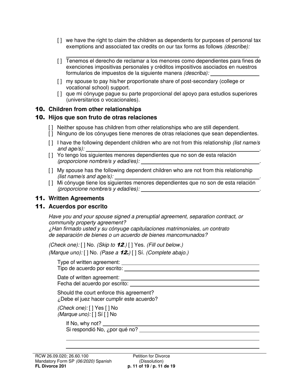 Form FL Divorce201 Petition for Divorce (Dissolution) - Washington (English / Spanish), Page 11