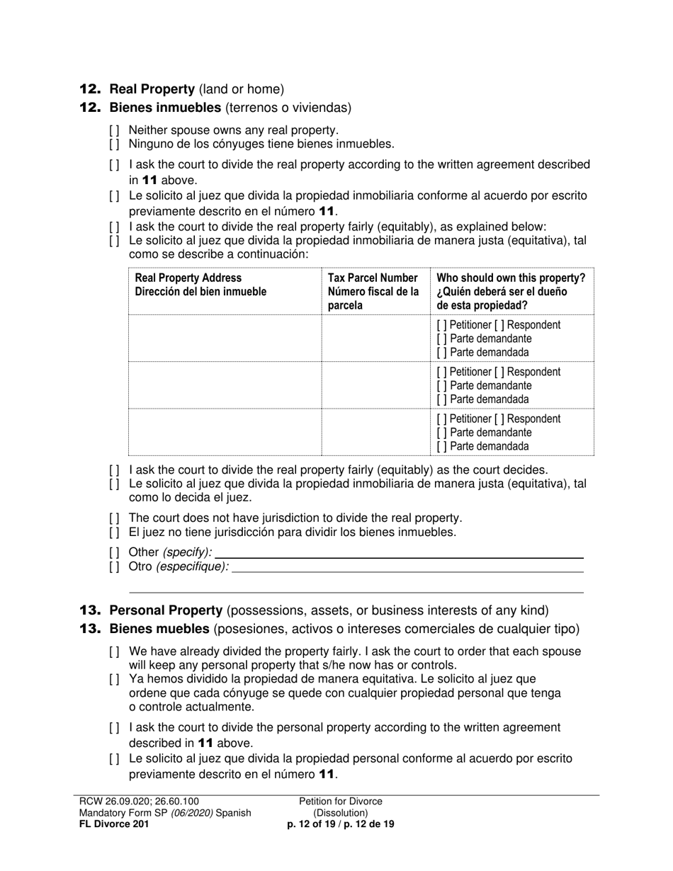 Form FL Divorce201 Petition for Divorce (Dissolution) - Washington (English / Spanish), Page 12