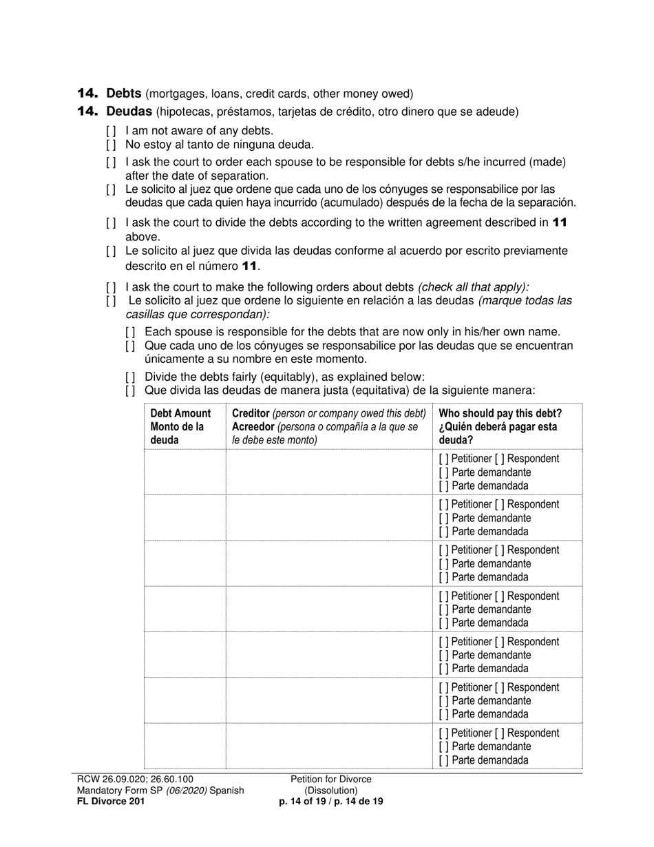Form FL Divorce201 Petition for Divorce (Dissolution) - Washington (English / Spanish), Page 14