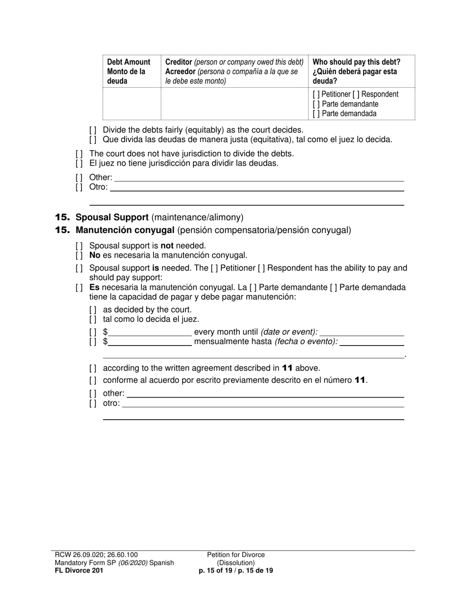 Form FL Divorce201 Petition for Divorce (Dissolution) - Washington (English / Spanish), Page 15
