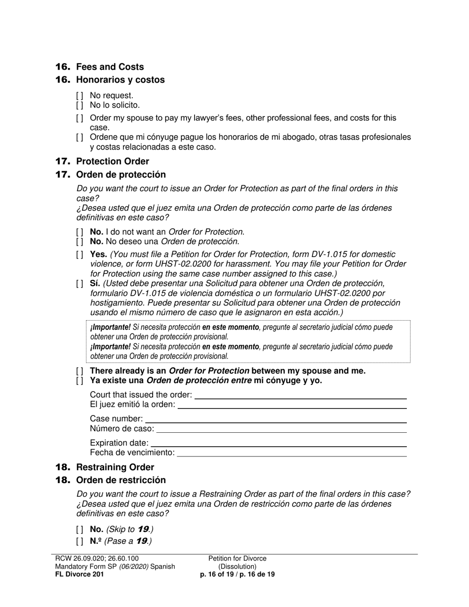 Form FL Divorce201 Petition for Divorce (Dissolution) - Washington (English / Spanish), Page 16