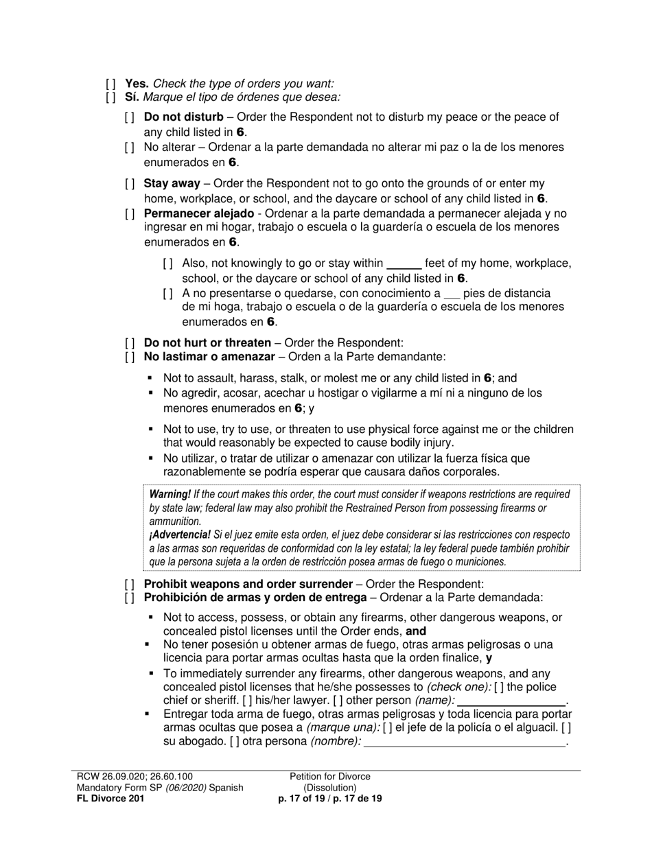 Form FL Divorce201 Petition for Divorce (Dissolution) - Washington (English / Spanish), Page 17