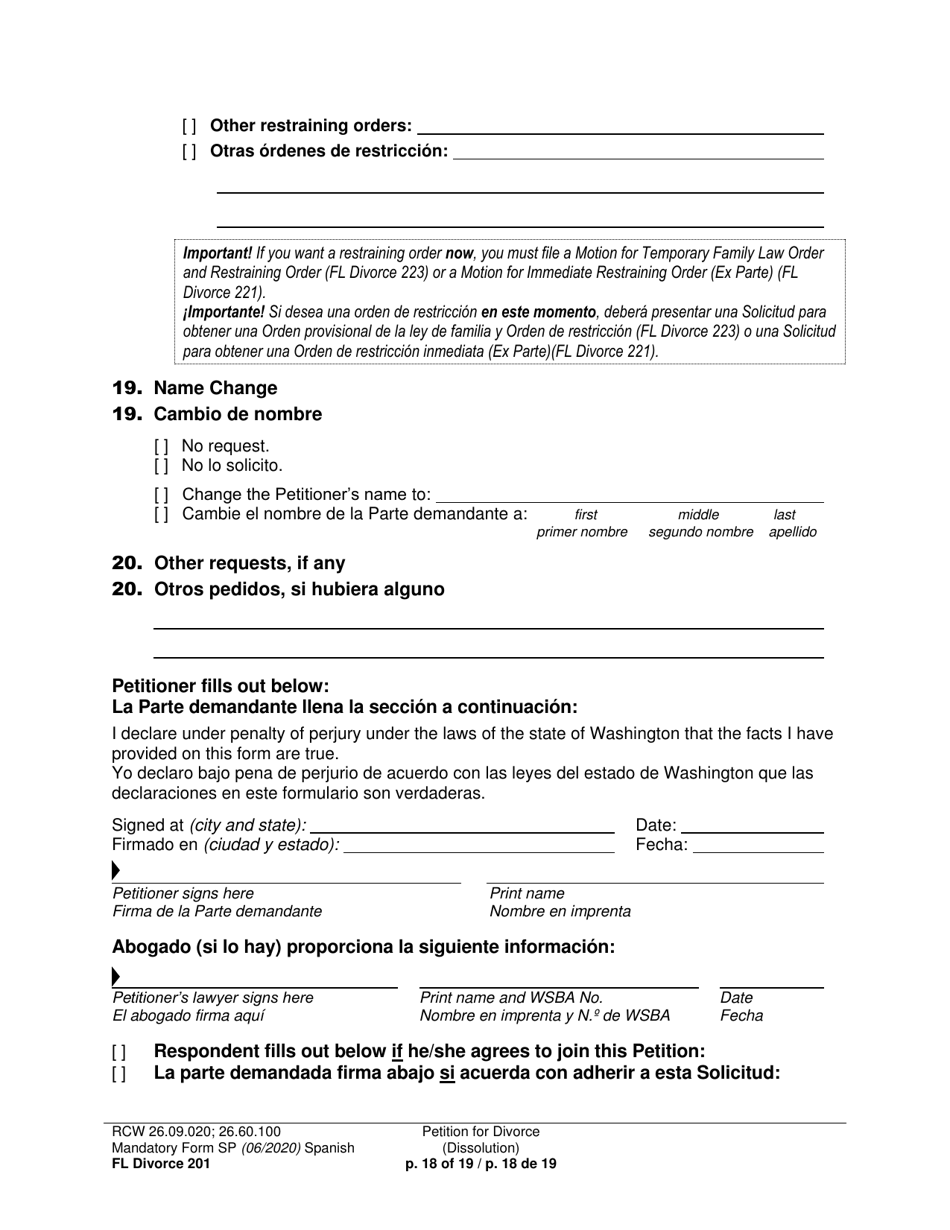 Form FL Divorce201 Petition for Divorce (Dissolution) - Washington (English / Spanish), Page 18