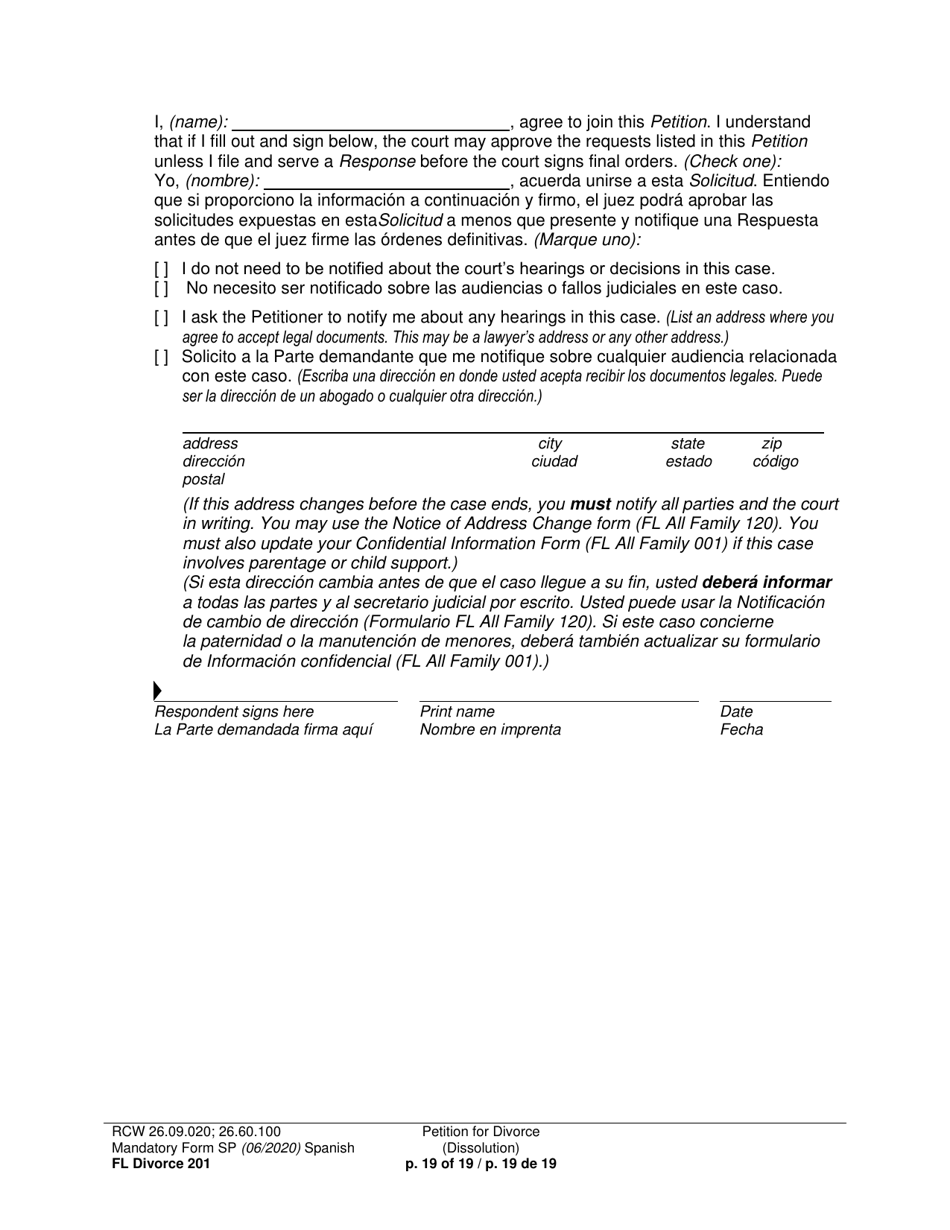Form FL Divorce201 Petition for Divorce (Dissolution) - Washington (English / Spanish), Page 19
