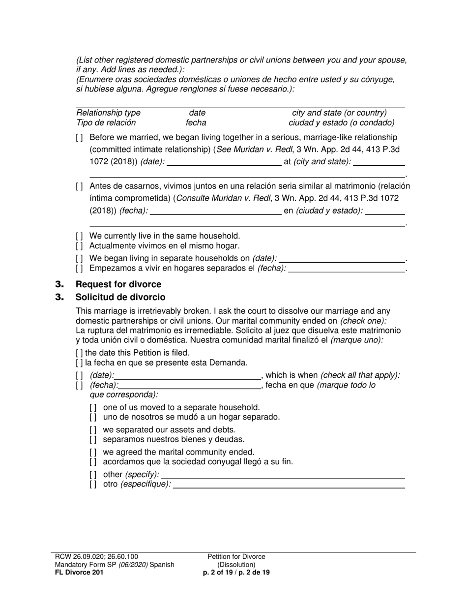 Form FL Divorce201 Petition for Divorce (Dissolution) - Washington (English / Spanish), Page 2