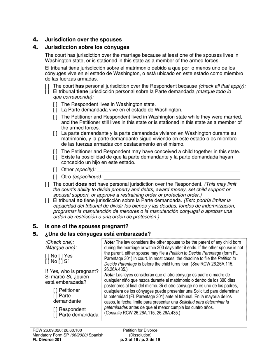 Form FL Divorce201 Petition for Divorce (Dissolution) - Washington (English / Spanish), Page 3