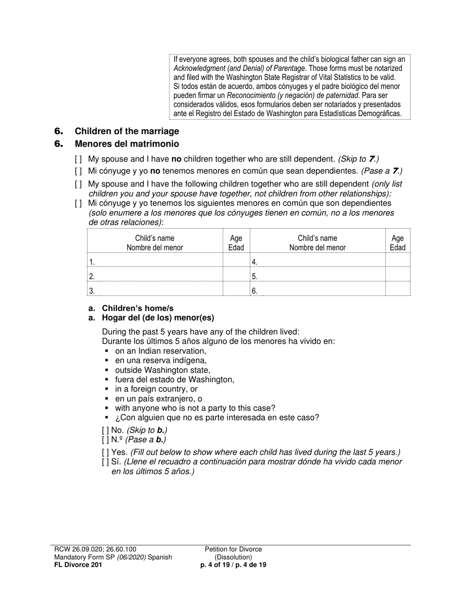 Form FL Divorce201 Petition for Divorce (Dissolution) - Washington (English / Spanish), Page 4