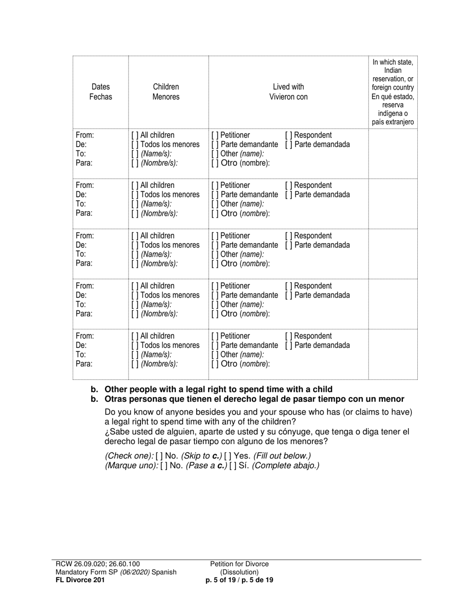 Form FL Divorce201 Petition for Divorce (Dissolution) - Washington (English / Spanish), Page 5