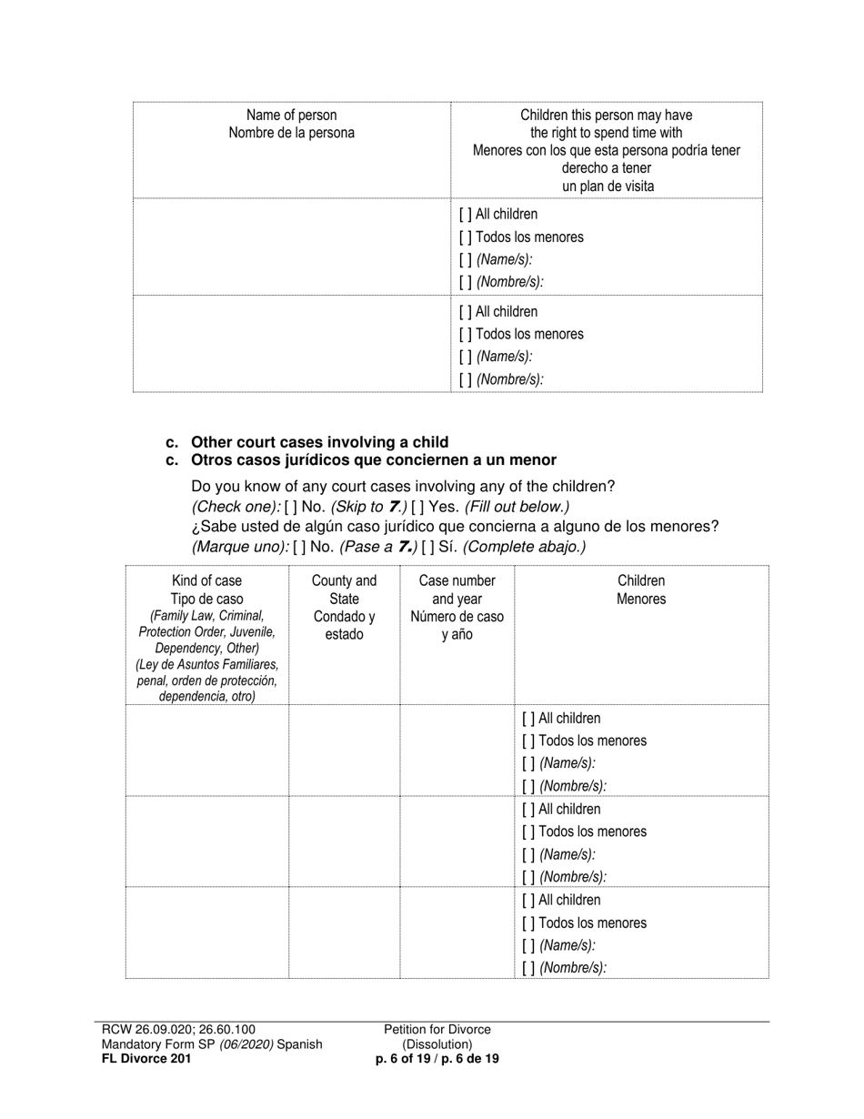 Form FL Divorce201 Petition for Divorce (Dissolution) - Washington (English / Spanish), Page 6