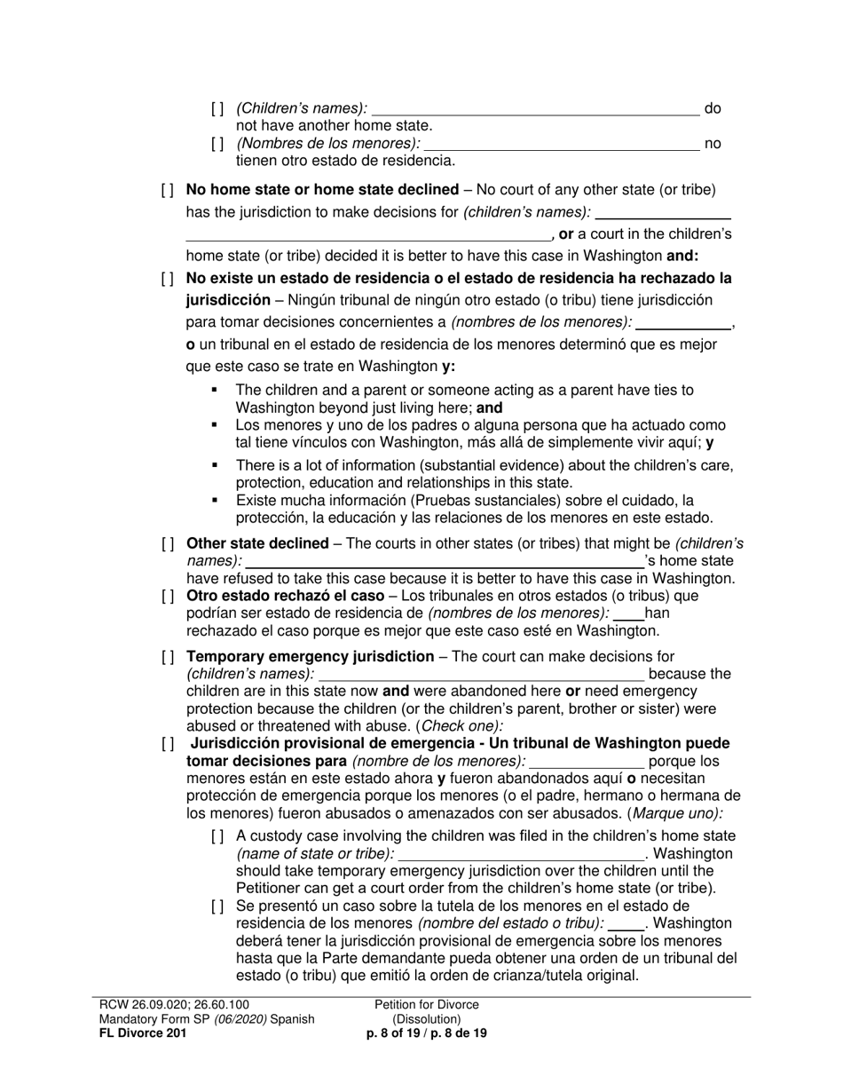 Form FL Divorce201 Petition for Divorce (Dissolution) - Washington (English / Spanish), Page 8