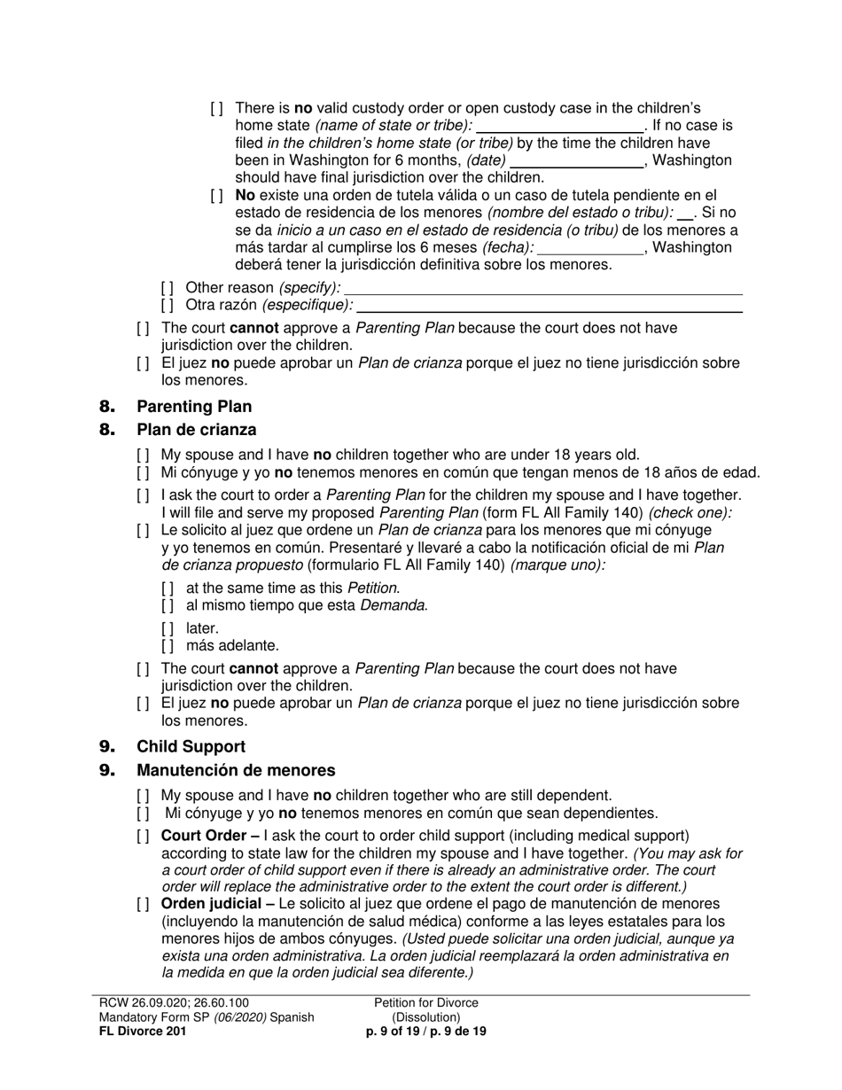 Form FL Divorce201 Petition for Divorce (Dissolution) - Washington (English / Spanish), Page 9