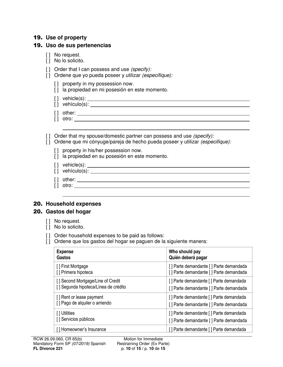 Form FL Divorce221 Motion for Immediate Restraining Order (Ex Parte) - Washington (English / Spanish), Page 10