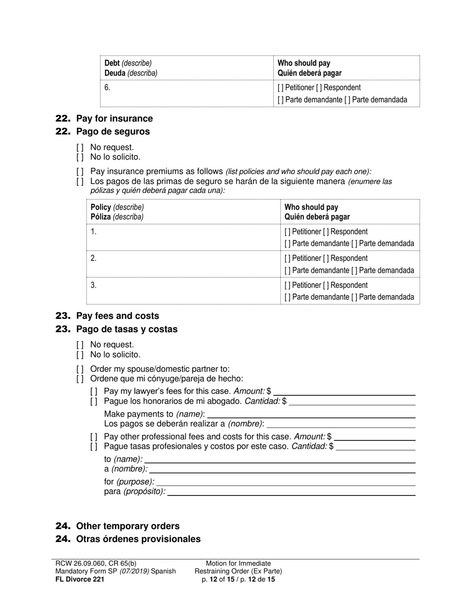 Form FL Divorce221 Motion for Immediate Restraining Order (Ex Parte) - Washington (English / Spanish), Page 12