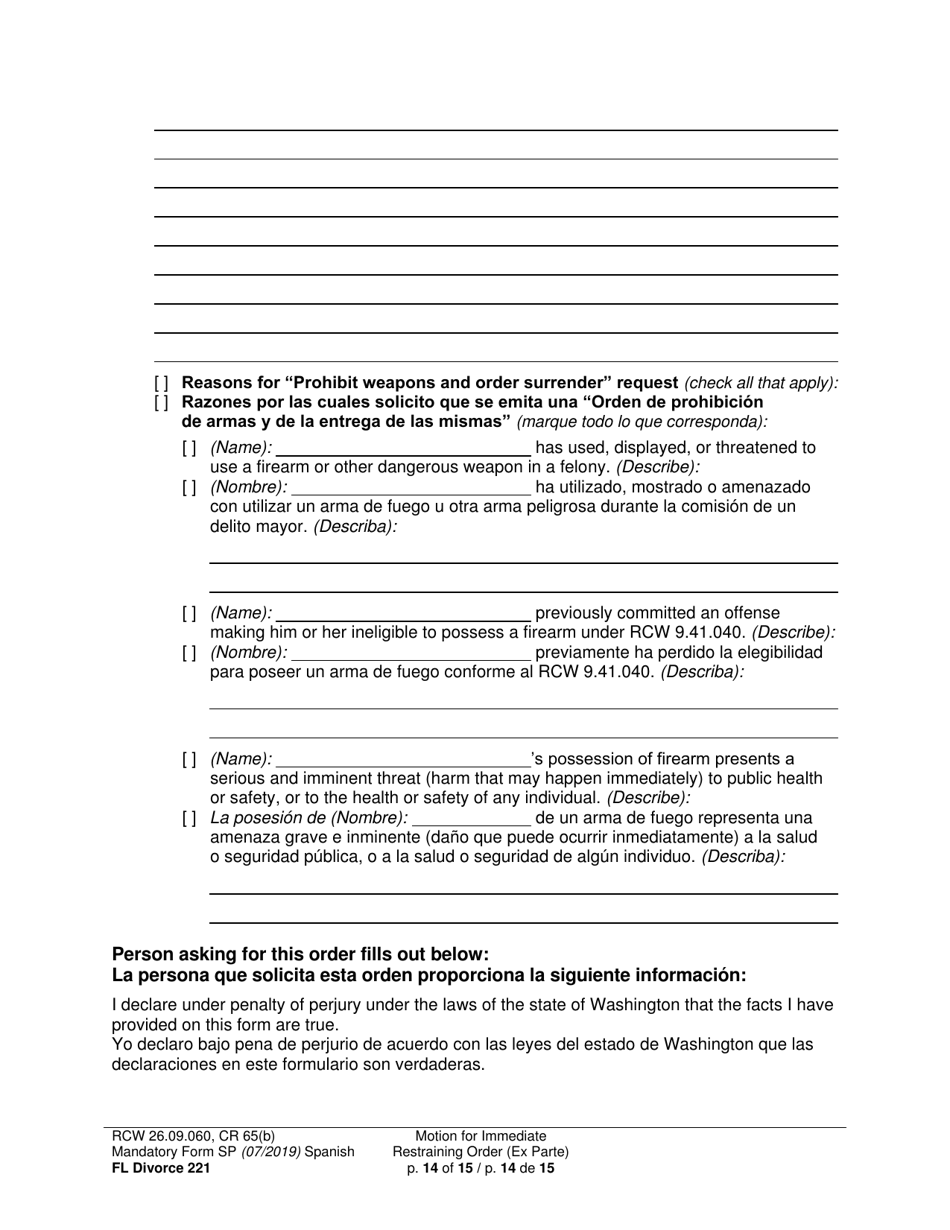Form FL Divorce221 Motion for Immediate Restraining Order (Ex Parte) - Washington (English / Spanish), Page 14