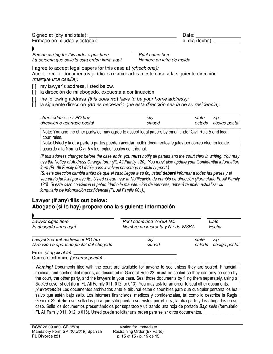 Form FL Divorce221 Motion for Immediate Restraining Order (Ex Parte) - Washington (English / Spanish), Page 15