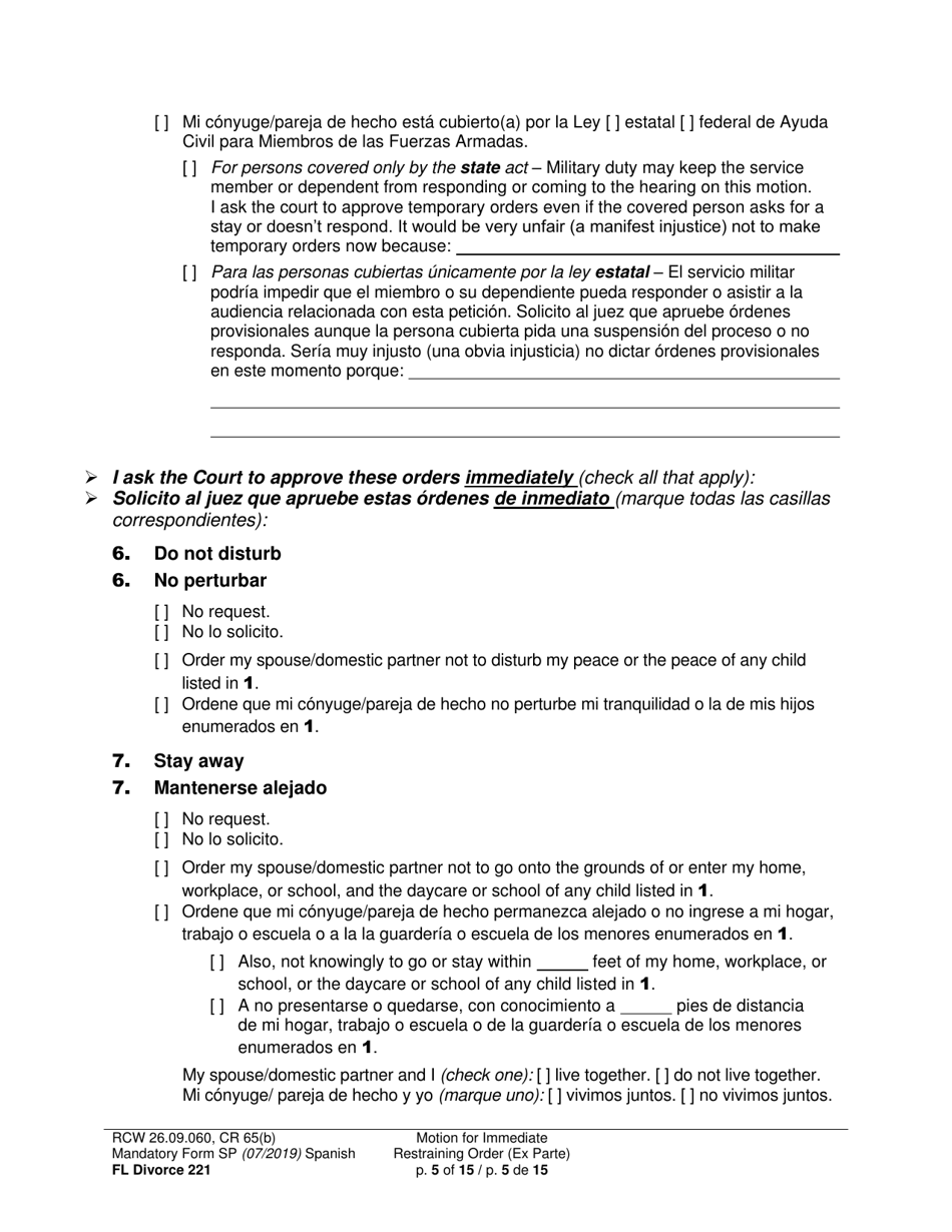 Form FL Divorce221 Motion for Immediate Restraining Order (Ex Parte) - Washington (English / Spanish), Page 5