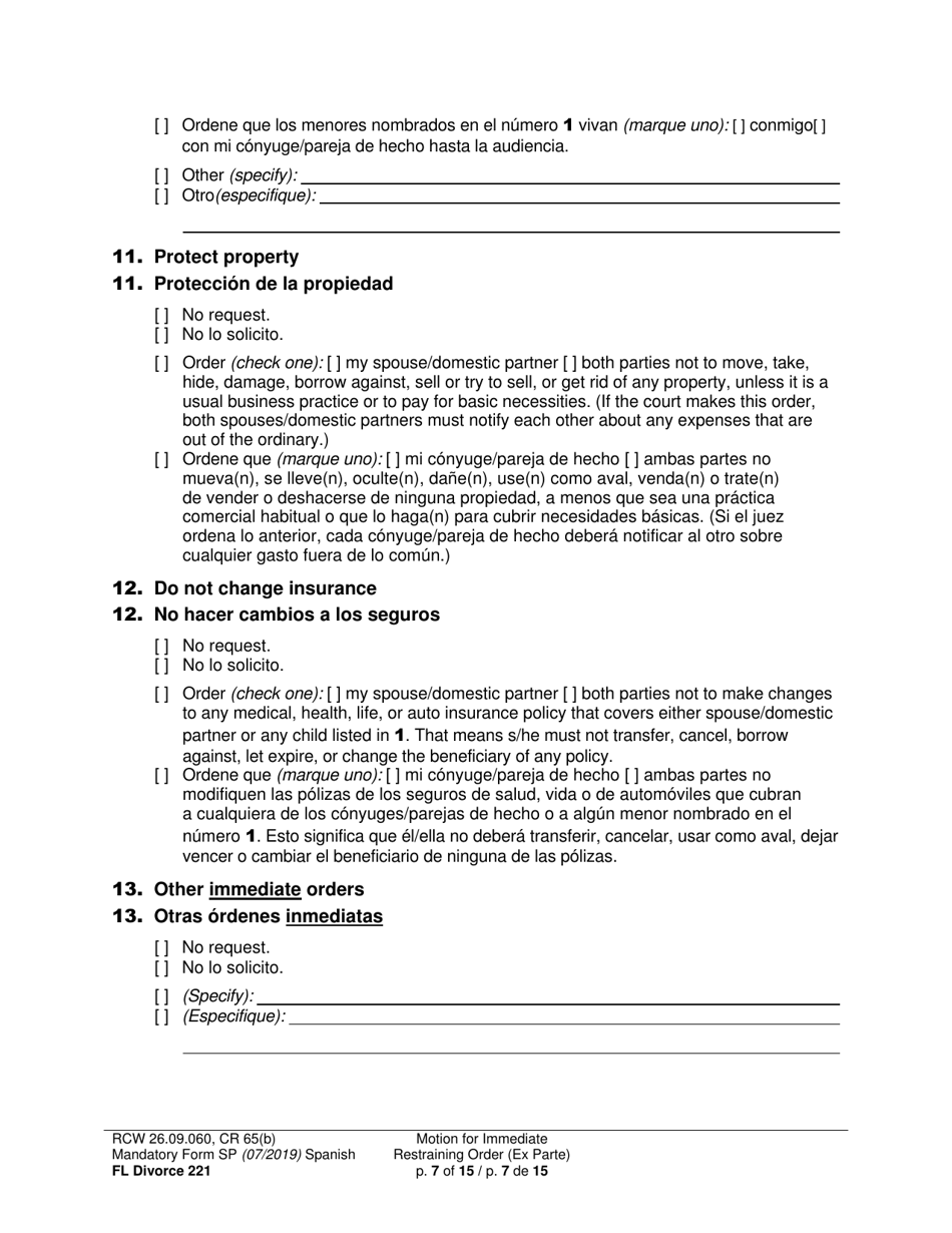 Form FL Divorce221 Motion for Immediate Restraining Order (Ex Parte) - Washington (English / Spanish), Page 7