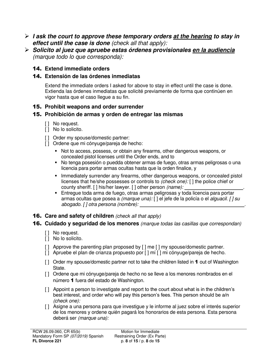 Form FL Divorce221 Motion for Immediate Restraining Order (Ex Parte) - Washington (English / Spanish), Page 8