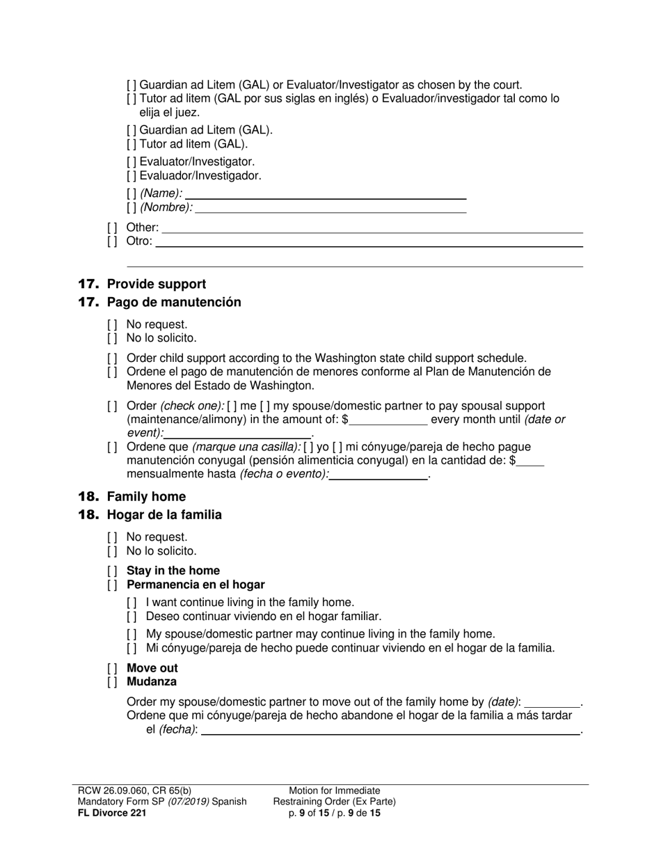 Form FL Divorce221 Motion for Immediate Restraining Order (Ex Parte) - Washington (English / Spanish), Page 9