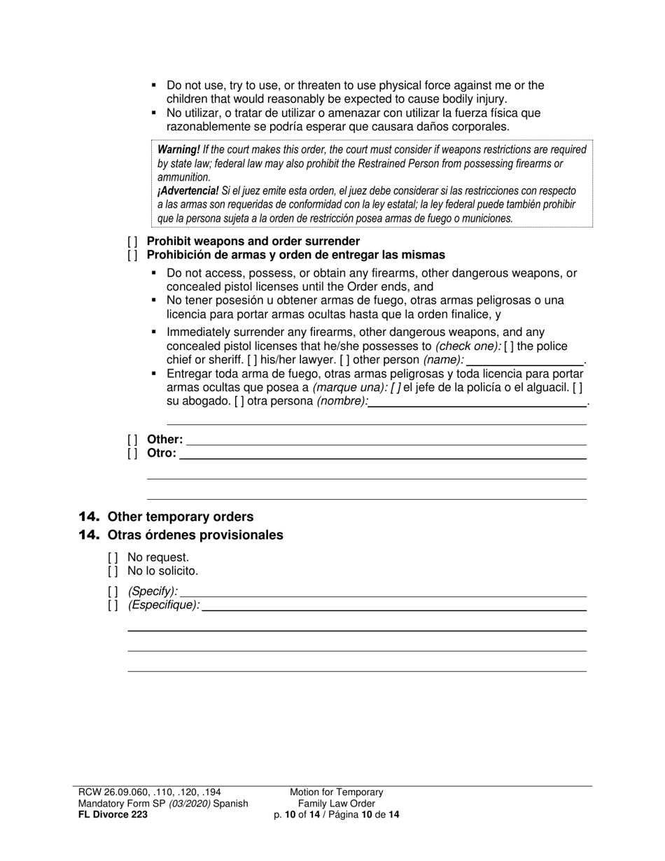 Form FL Divorce223 Motion for Temporary Family Law Order - Washington (English / Spanish), Page 10