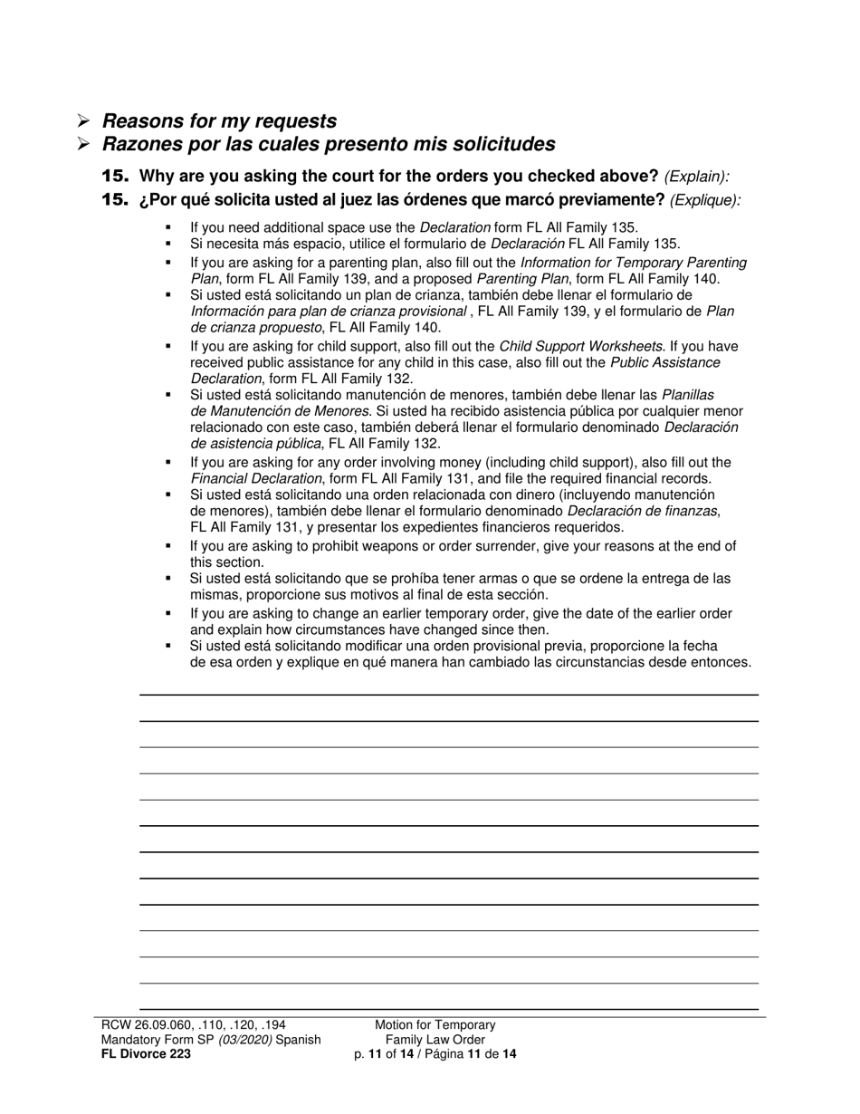 Form FL Divorce223 Motion for Temporary Family Law Order - Washington (English / Spanish), Page 11