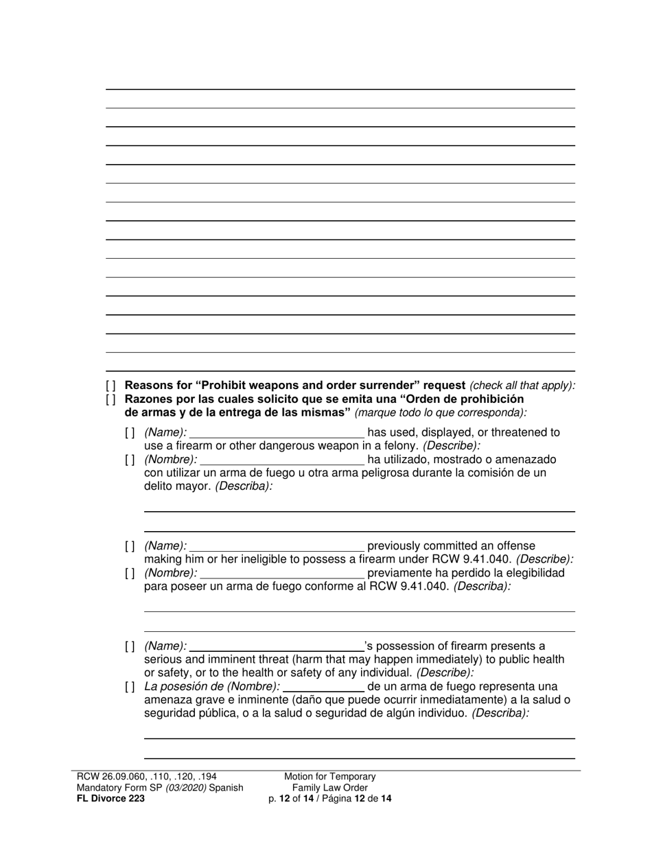 Form FL Divorce223 Motion for Temporary Family Law Order - Washington (English / Spanish), Page 12