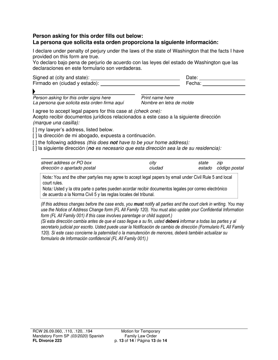 Form FL Divorce223 Motion for Temporary Family Law Order - Washington (English / Spanish), Page 13