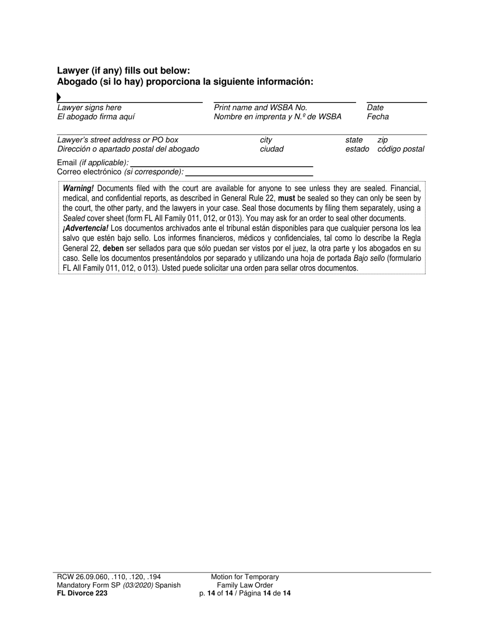 Form FL Divorce223 Motion for Temporary Family Law Order - Washington (English / Spanish), Page 14