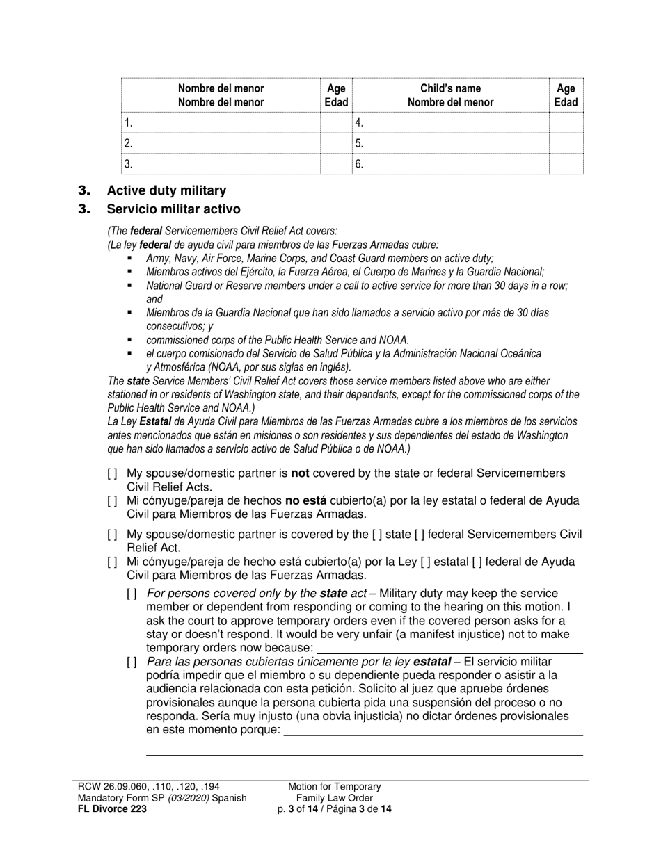 Form FL Divorce223 Motion for Temporary Family Law Order - Washington (English / Spanish), Page 3