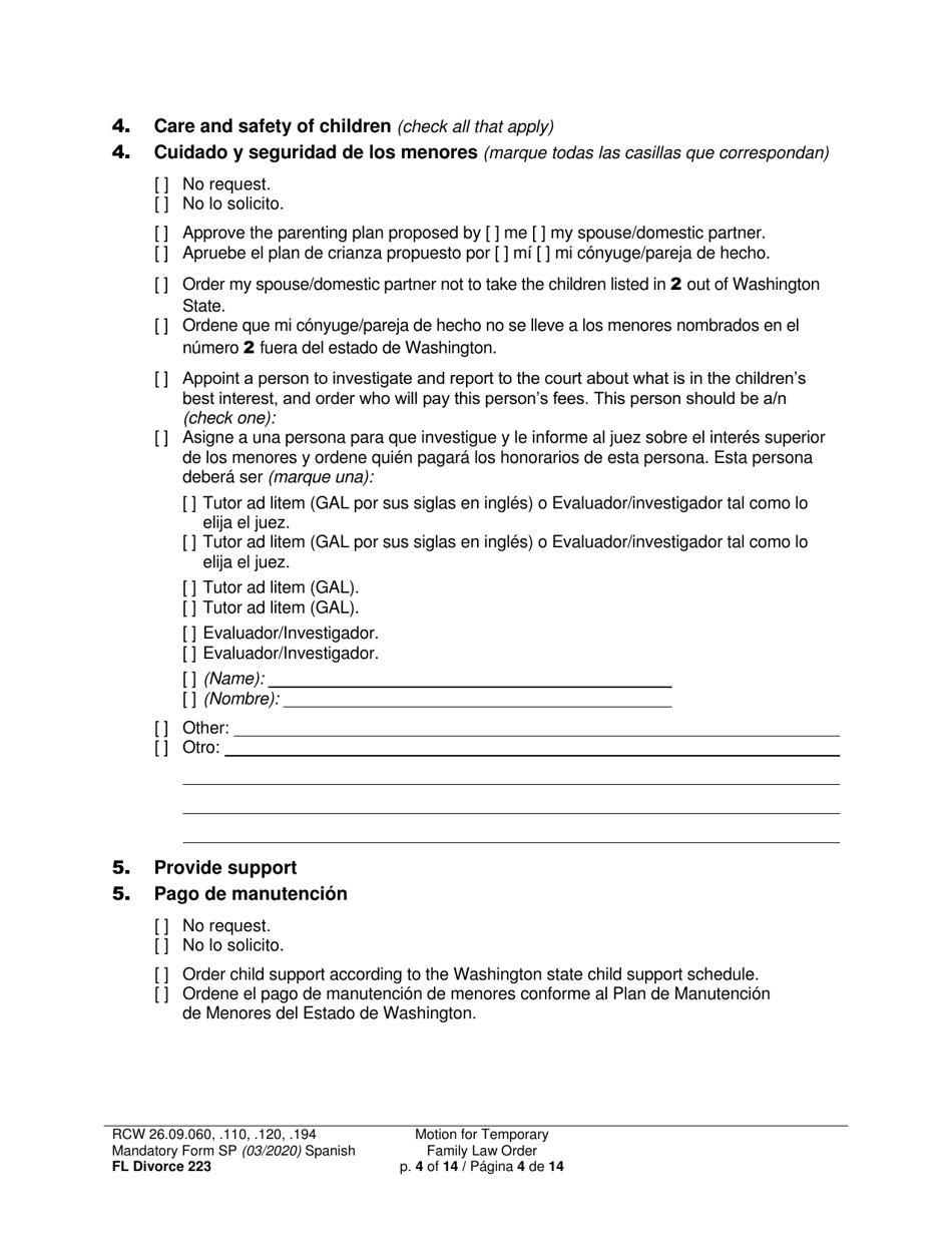 Form FL Divorce223 Motion for Temporary Family Law Order - Washington (English / Spanish), Page 4