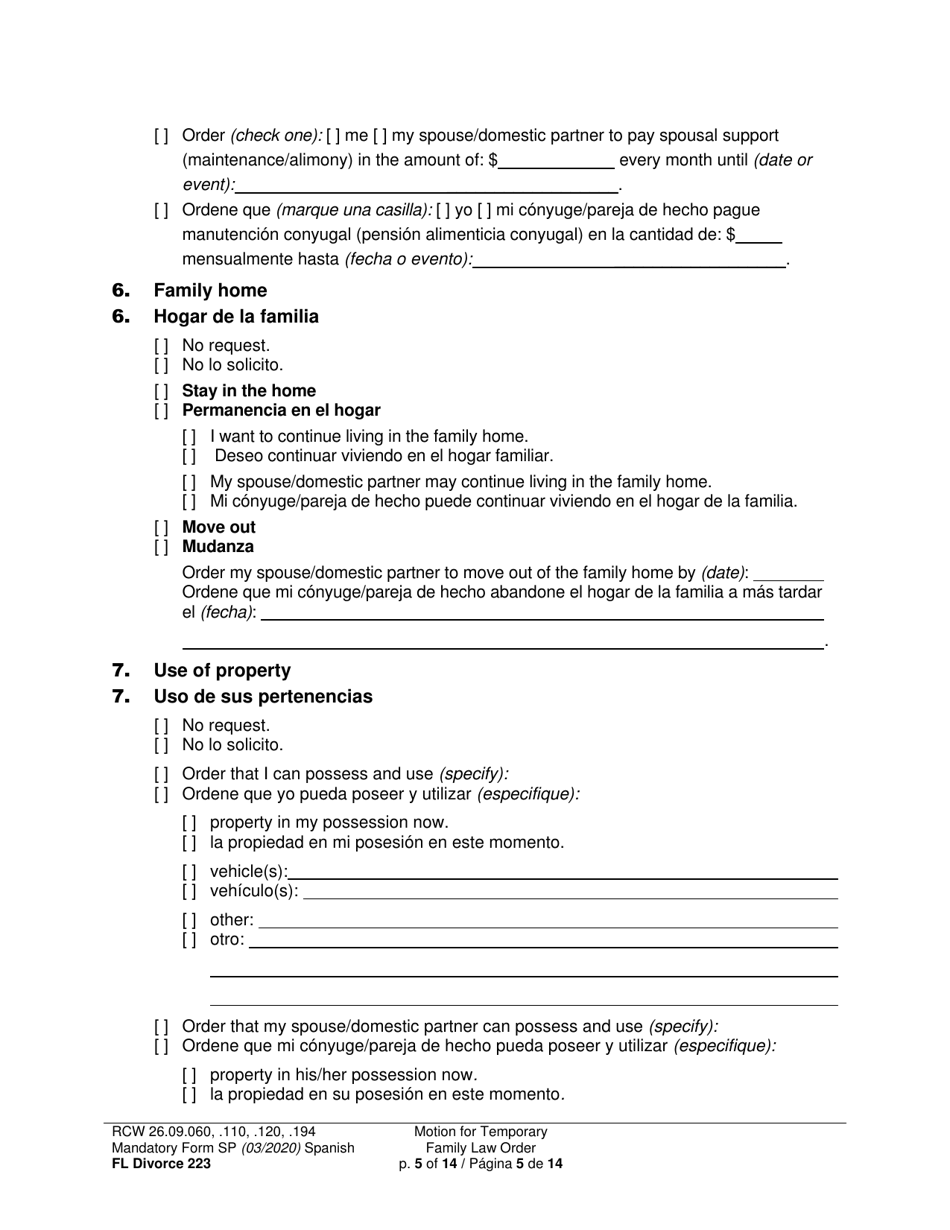 Form FL Divorce223 Motion for Temporary Family Law Order - Washington (English / Spanish), Page 5