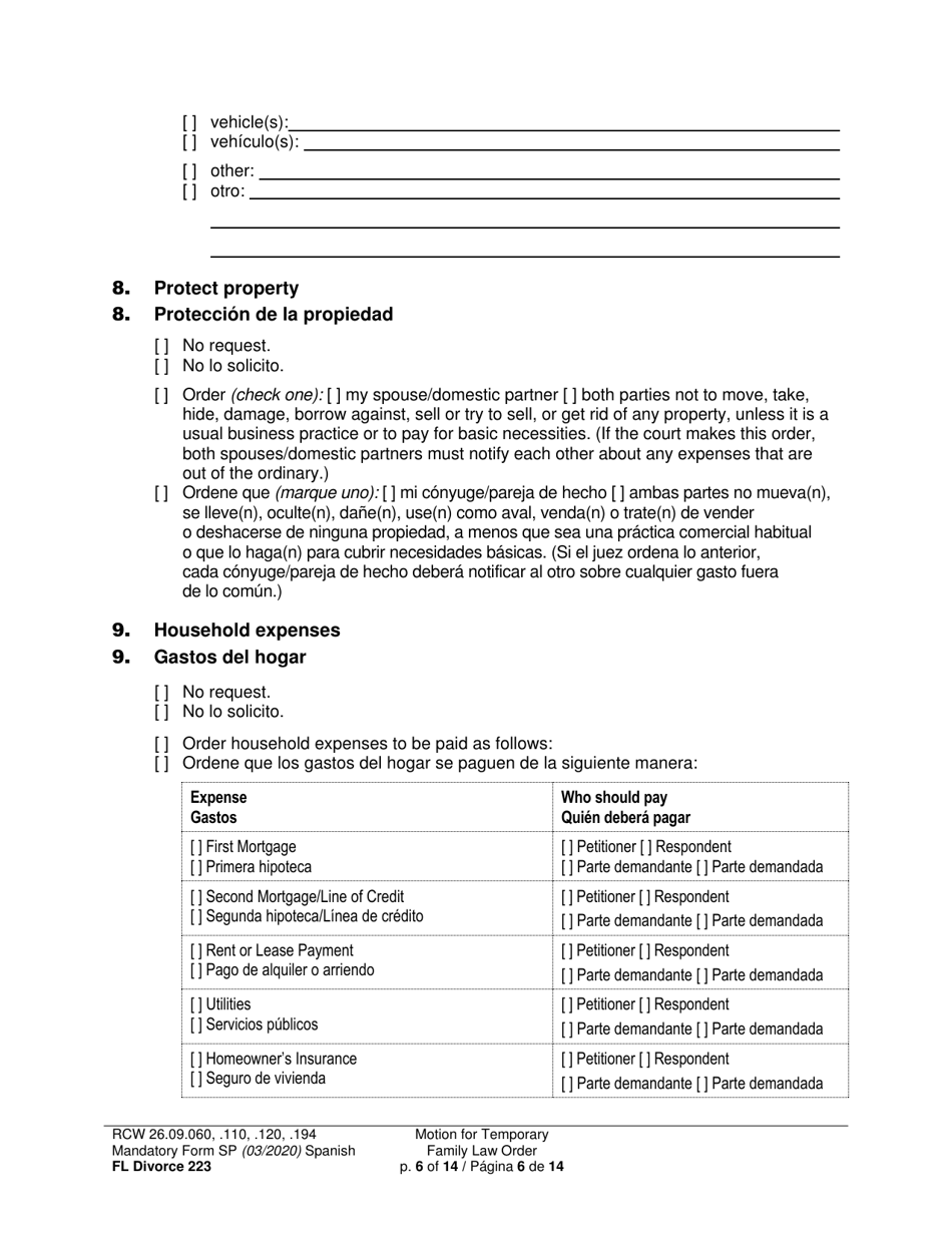 Form FL Divorce223 Motion for Temporary Family Law Order - Washington (English / Spanish), Page 6