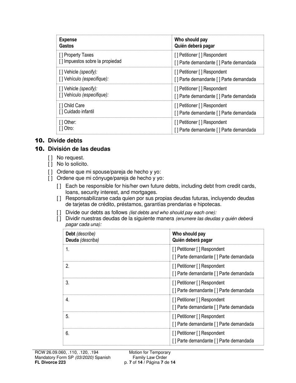 Form FL Divorce223 Motion for Temporary Family Law Order - Washington (English / Spanish), Page 7