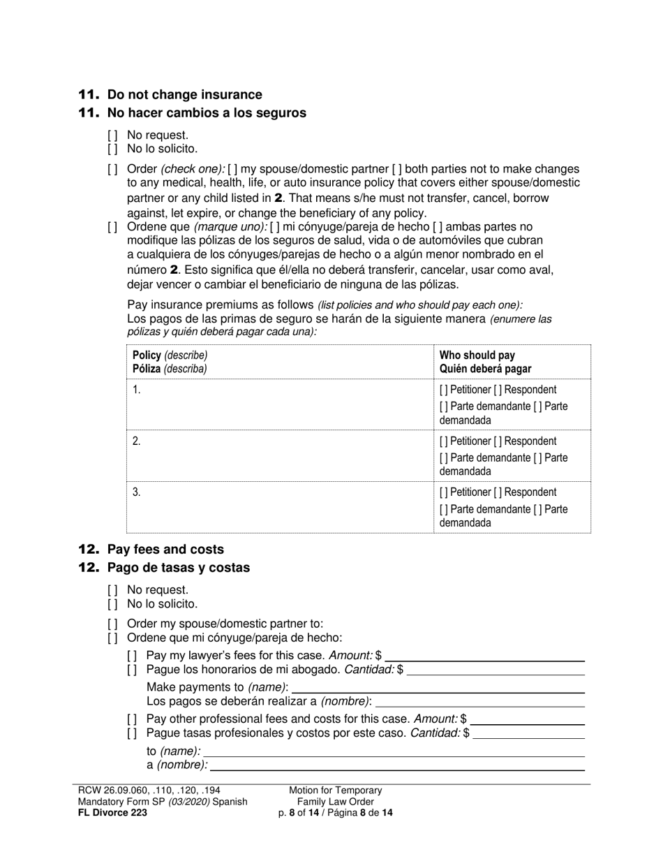 Form FL Divorce223 Motion for Temporary Family Law Order - Washington (English / Spanish), Page 8