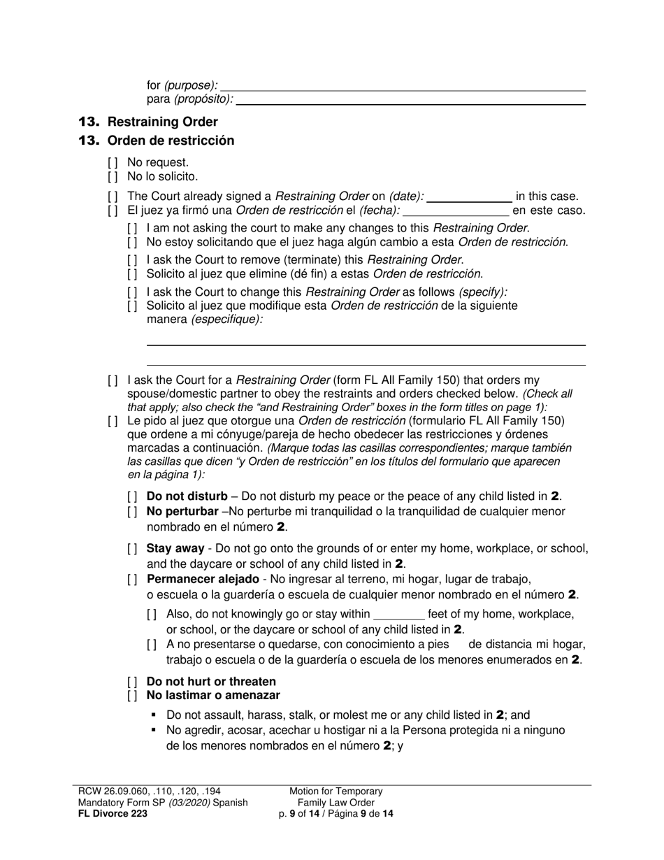 Form FL Divorce223 Motion for Temporary Family Law Order - Washington (English / Spanish), Page 9