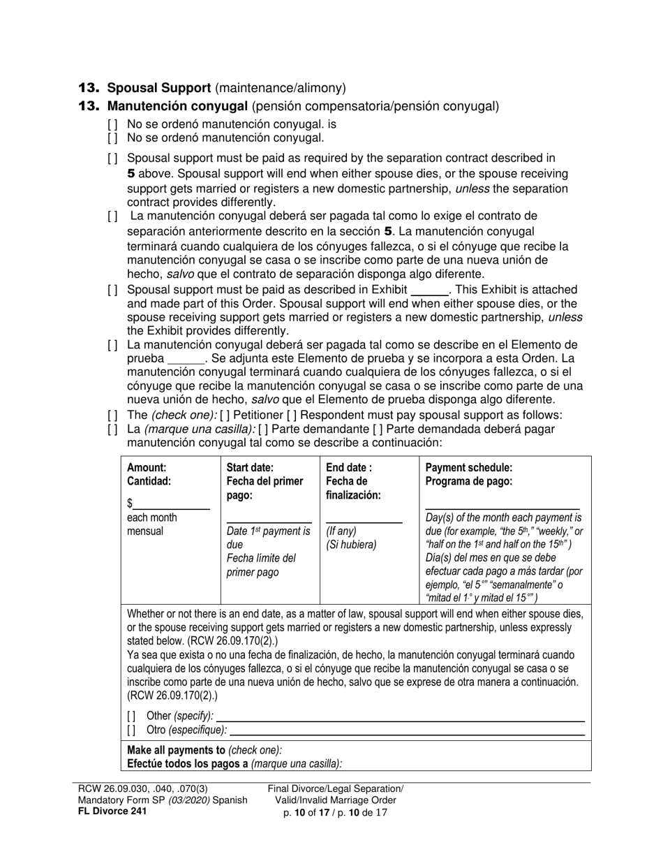 Form FL Divorce241 Final Divorce Order - Washington (English / Spanish), Page 10