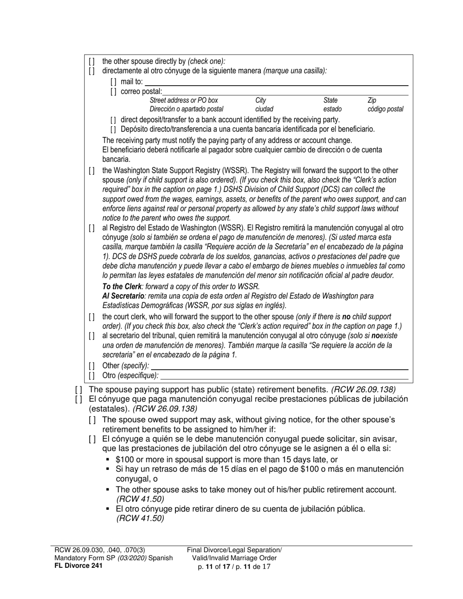 Form FL Divorce241 Final Divorce Order - Washington (English / Spanish), Page 11