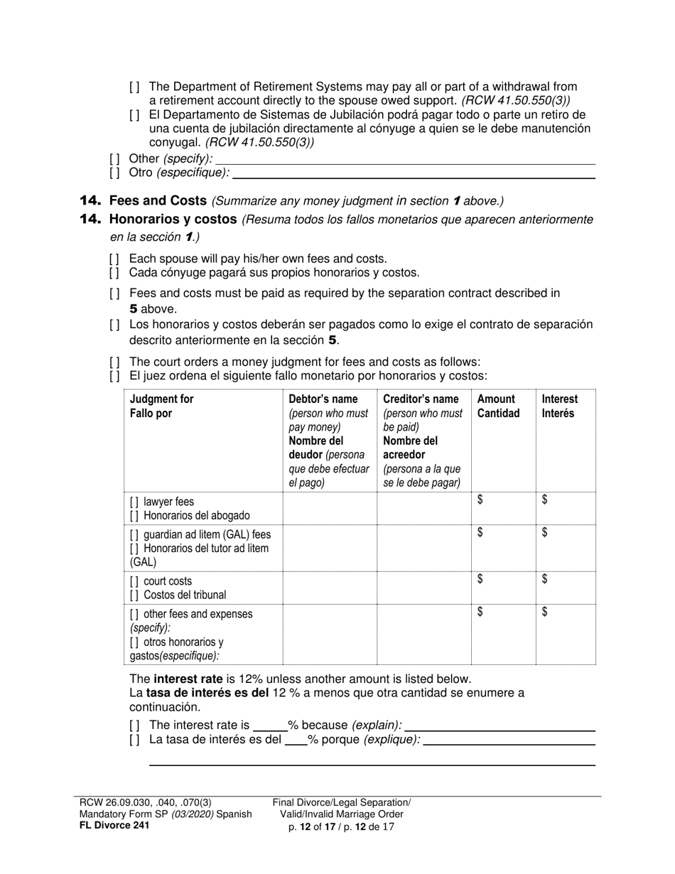 Form FL Divorce241 Final Divorce Order - Washington (English / Spanish), Page 12
