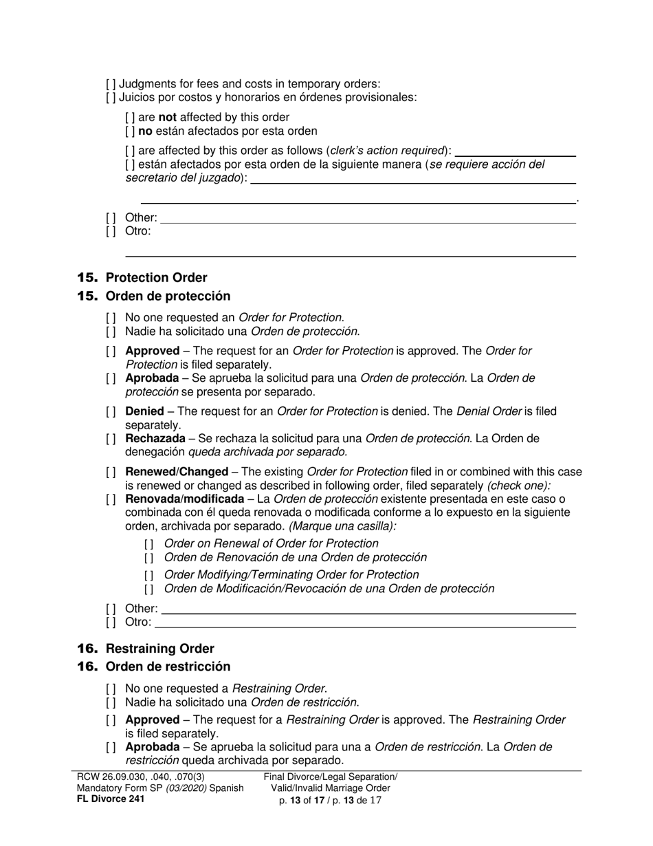 Form FL Divorce241 Final Divorce Order - Washington (English / Spanish), Page 13