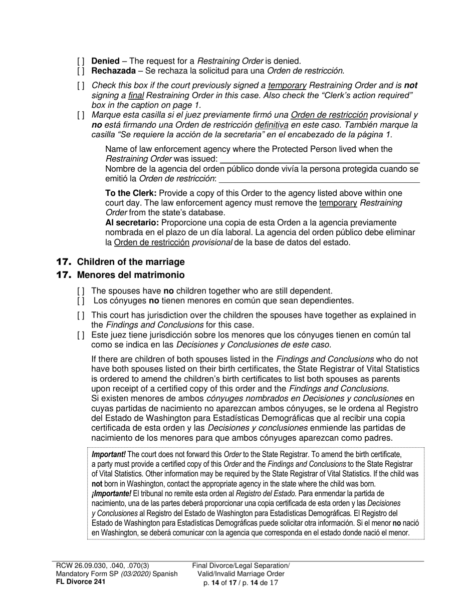 Form FL Divorce241 Final Divorce Order - Washington (English / Spanish), Page 14