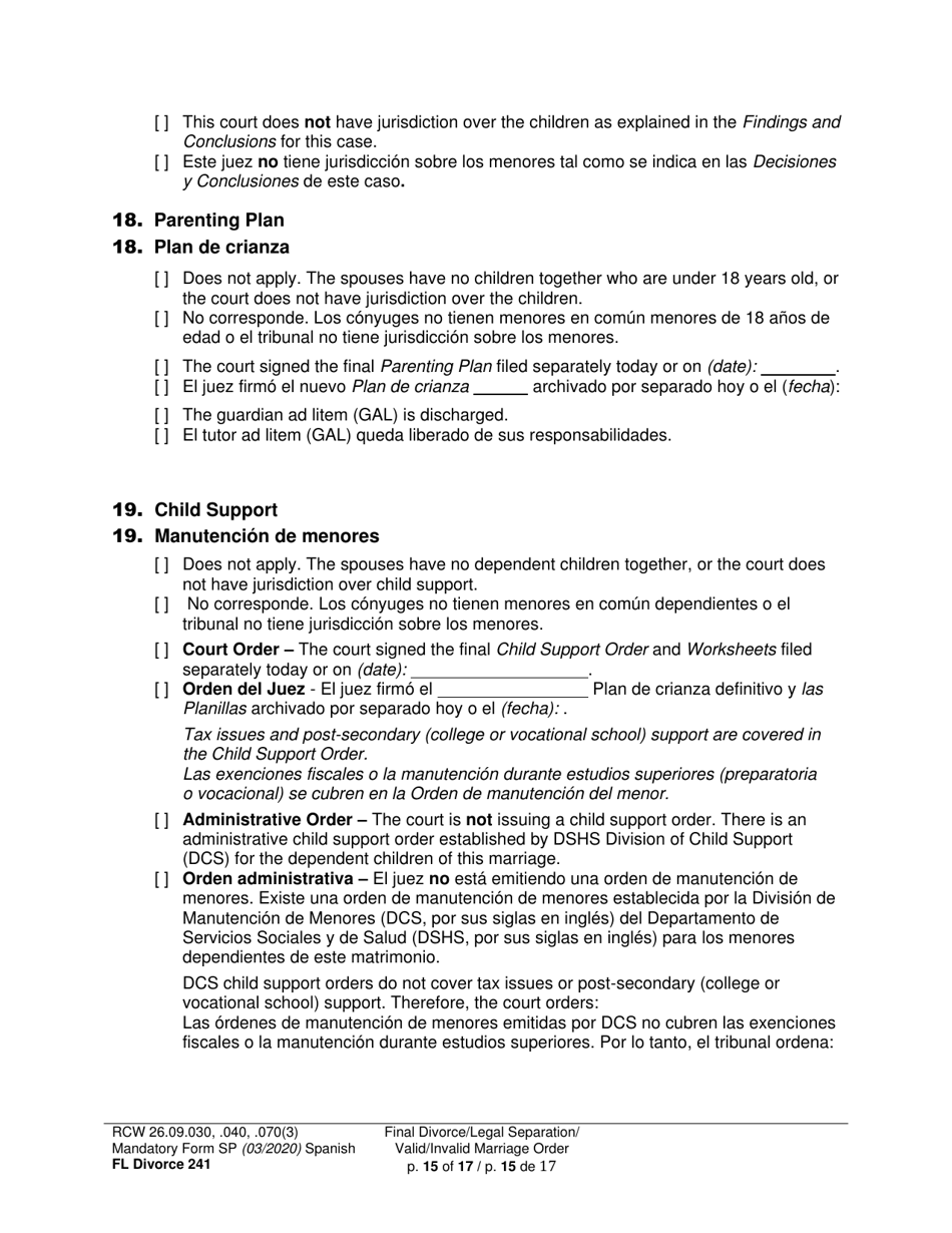 Form FL Divorce241 Final Divorce Order - Washington (English / Spanish), Page 15