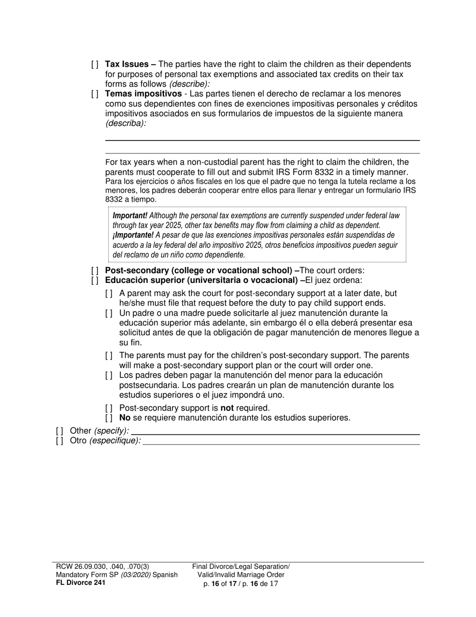 Form FL Divorce241 Final Divorce Order - Washington (English / Spanish), Page 16