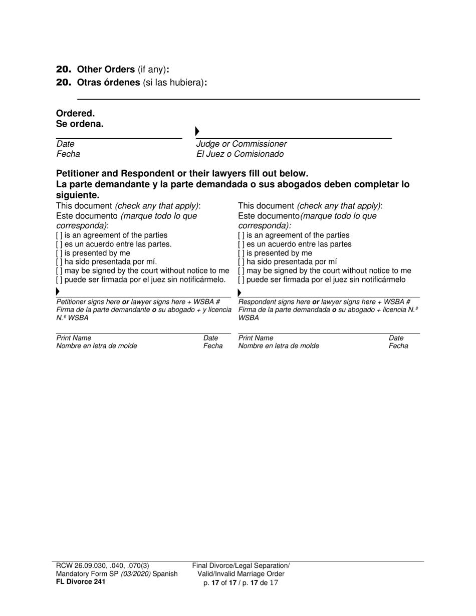 Form FL Divorce241 Final Divorce Order - Washington (English / Spanish), Page 17