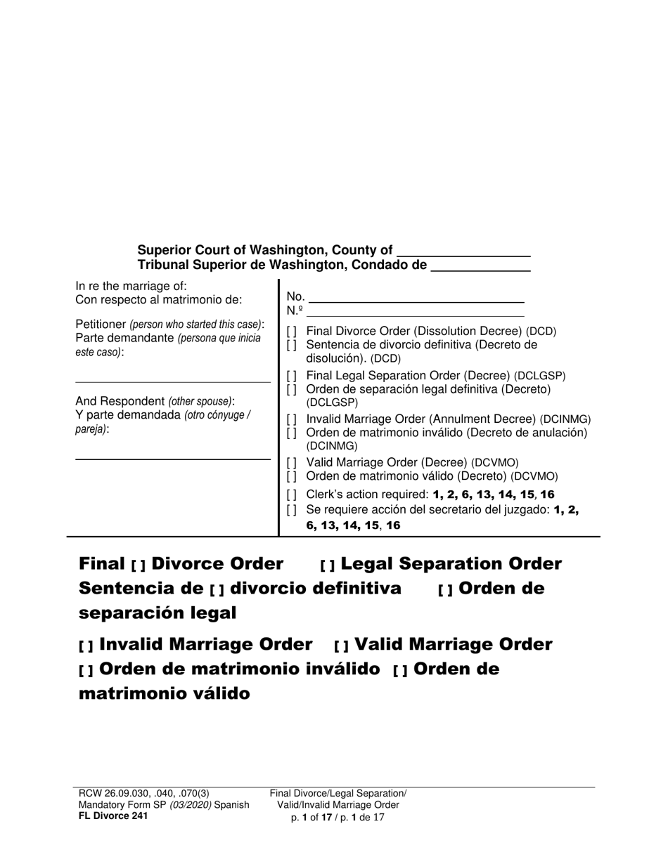 Form FL Divorce241 Final Divorce Order - Washington (English / Spanish), Page 1