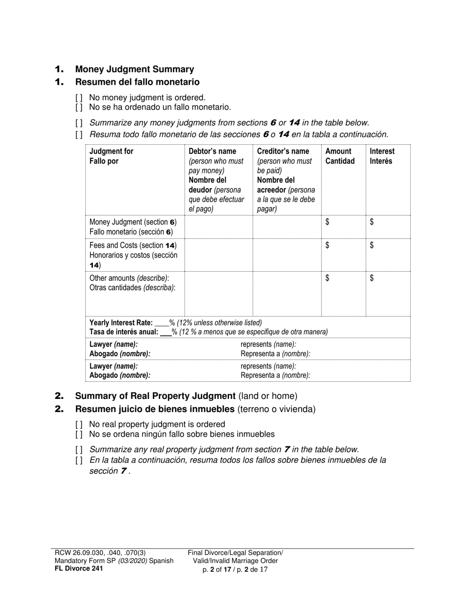 Form FL Divorce241 Final Divorce Order - Washington (English / Spanish), Page 2