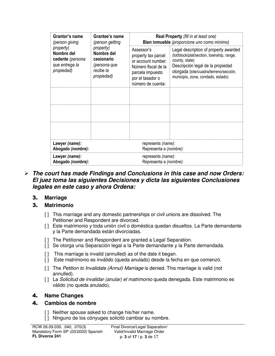 Form FL Divorce241 Final Divorce Order - Washington (English / Spanish), Page 3
